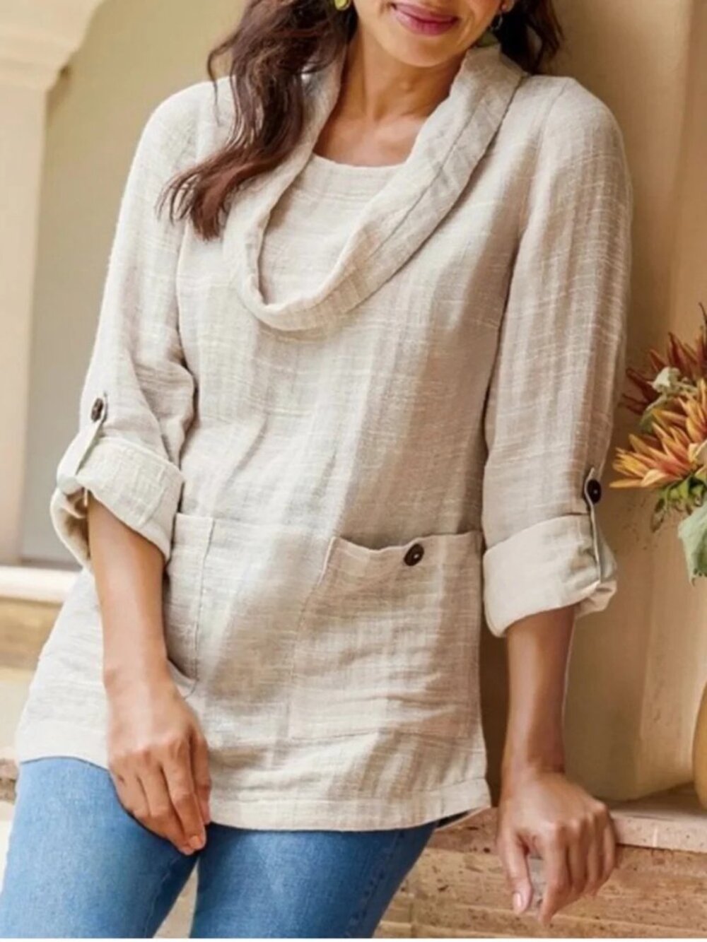 Soft Surroundings Sundown Top Oatmeal Linen-Blend Cowl Neck Pockets Tunic L